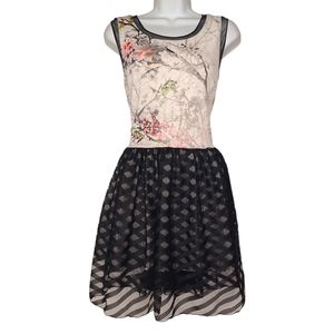 WESTON Cream Floral Print Stripe Black Tulle Fit & Flare A-Line Mini Dress M